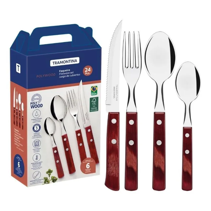 Faqueiro Polywood 24 Peças Aço Inox e Madeira Tratada Vermelho Tramontina