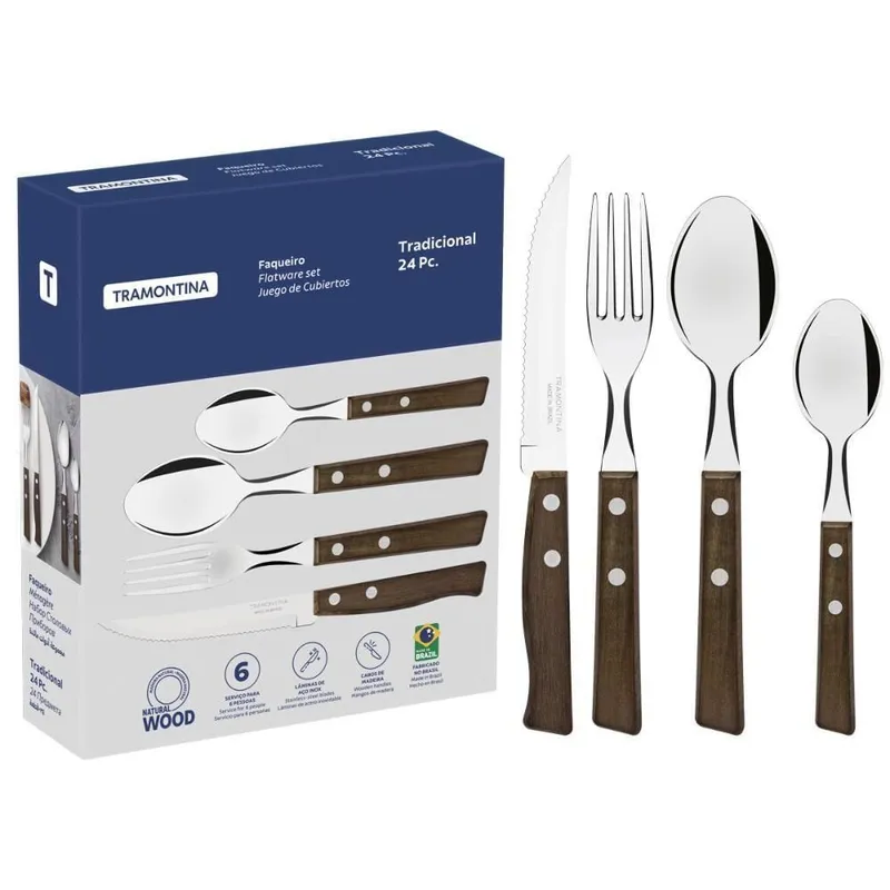 Faqueiro Tradicional 22299050 24 Peças Aço Inox com Cabos de Madeira Marrom Tramontina