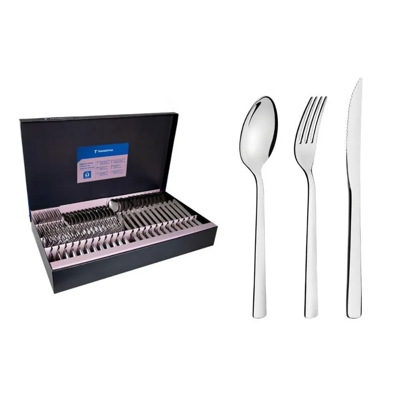 Faqueiro Oslo 72 Peças Aço Inox com Facas de Churrasco Prata Tramontina