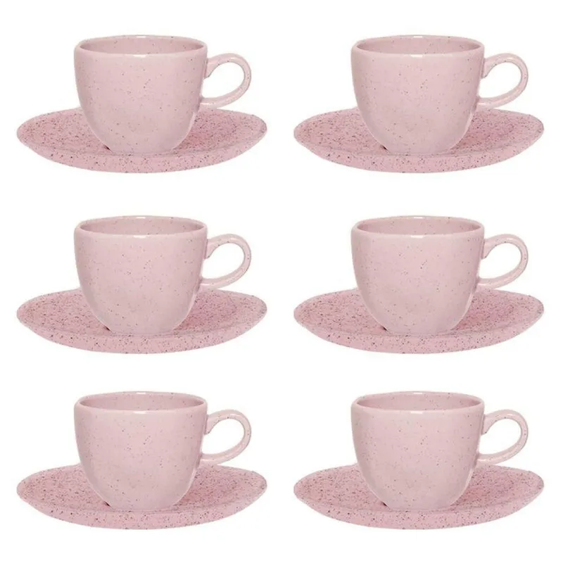 Conjunto de Xícara de Chá com Pires 6 Peças Porcelana Resistente a Lava-louças Pink Sand Oxford
