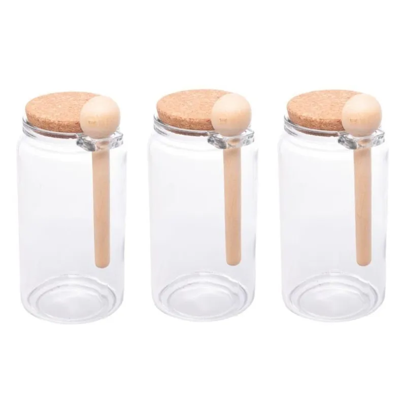 Kit 3 Porta Temperos Redondo 1 L Vidro Com Colher De Bambu E Tampa Rolha Lyor