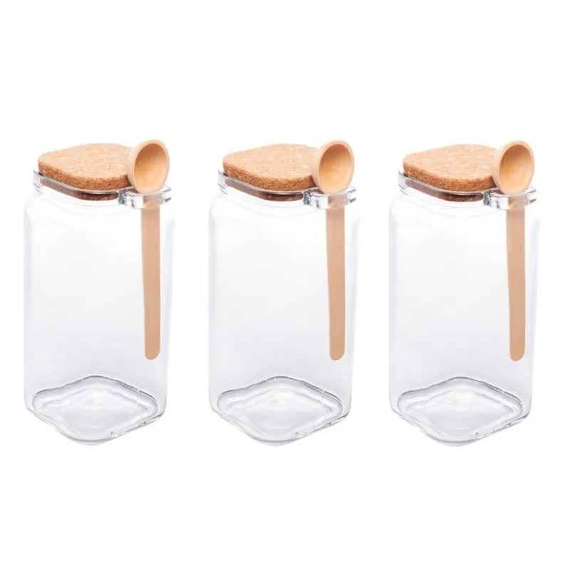 Kit 3 Porta Temperos Quadrado 1,15 L Vidro Com Colher De Bambu E Tampa Rolha Lyor