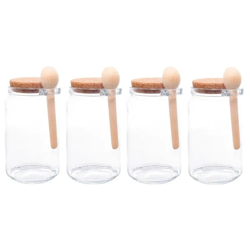 Kit 4 Porta Temperos Redondo 650ML Vidro com Colher de Bambu Tampa Rolha Transparente Lyor