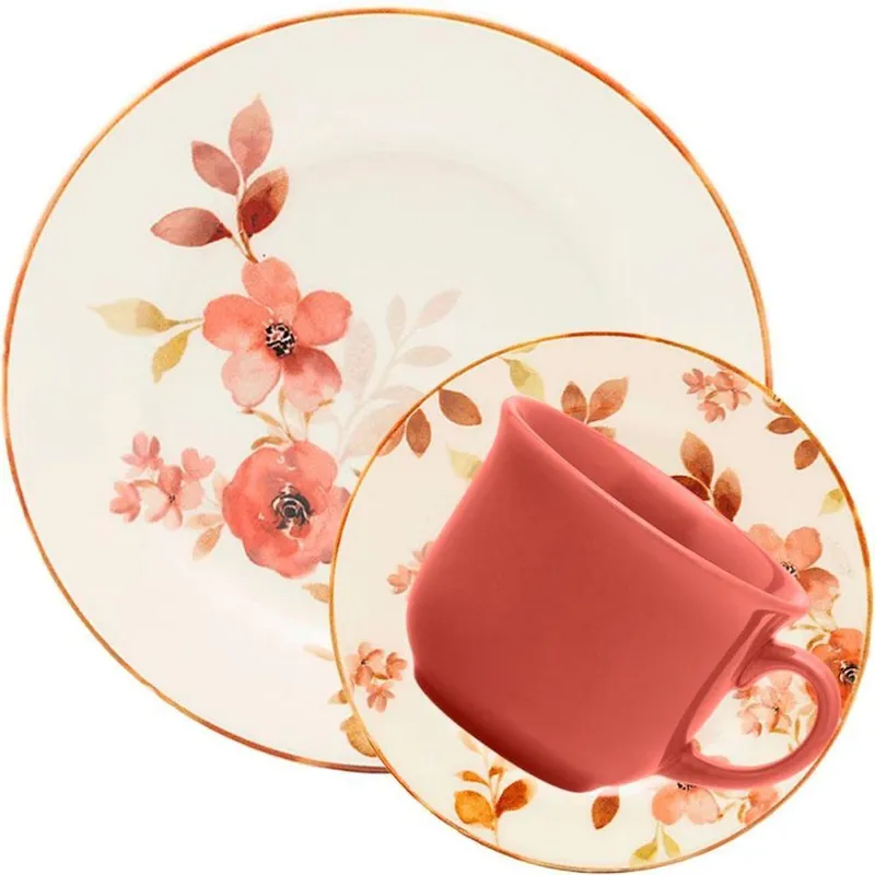 Jogo de Café Donna Chá das 5 Cerâmica Resistente a Micro-ondas e Lava-louças Vermelho e Branco