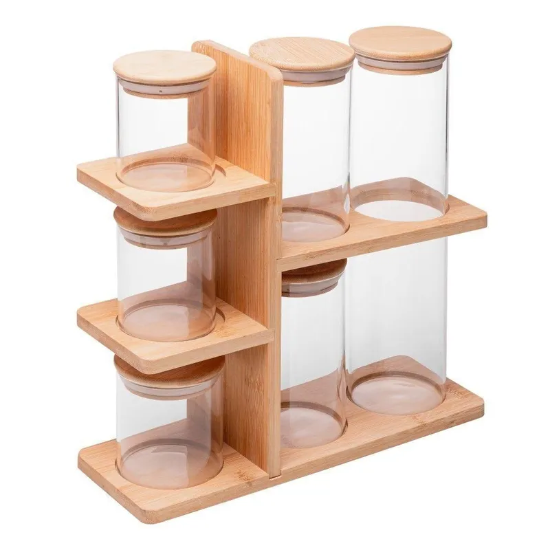 Porta Temperos 6 Peças Vidro Borossilicato com Suporte de Bambu Transparente Wolff