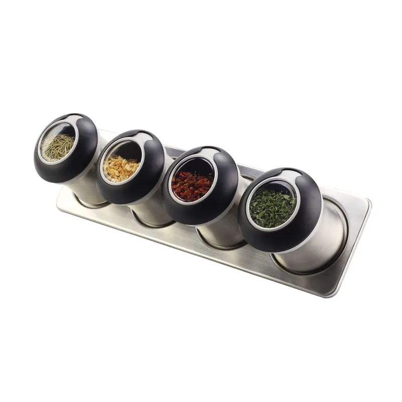 Conjunto de 4 Porta Temperos em Aço Inox e Suporte com Imã Kenya