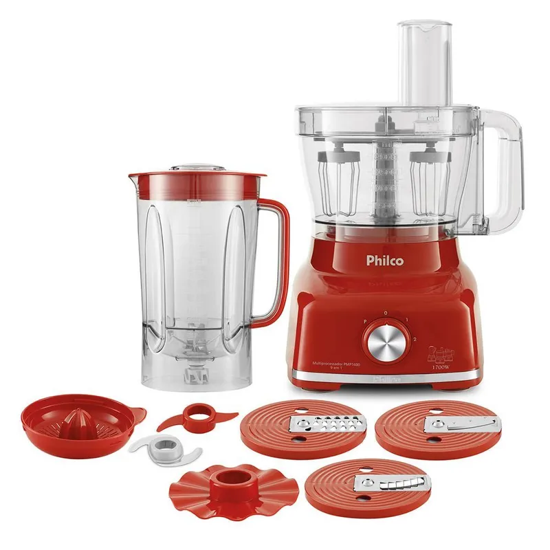 Multiprocessador Philco PMP1600V 9 em 1 2 Velocidades 1400W Vermelho com Liquidificador 3,2L 110V