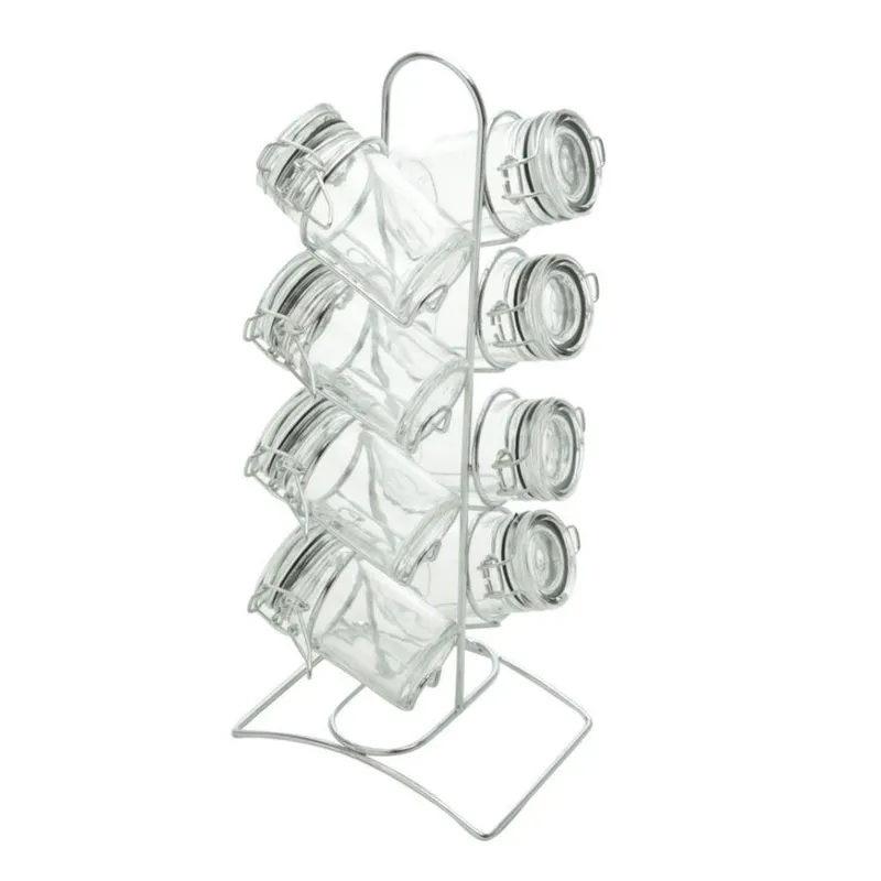 Porta Temperos 8 Peças de Vidro com Tampa Hermética e Suporte de Metal Cromado Lyor