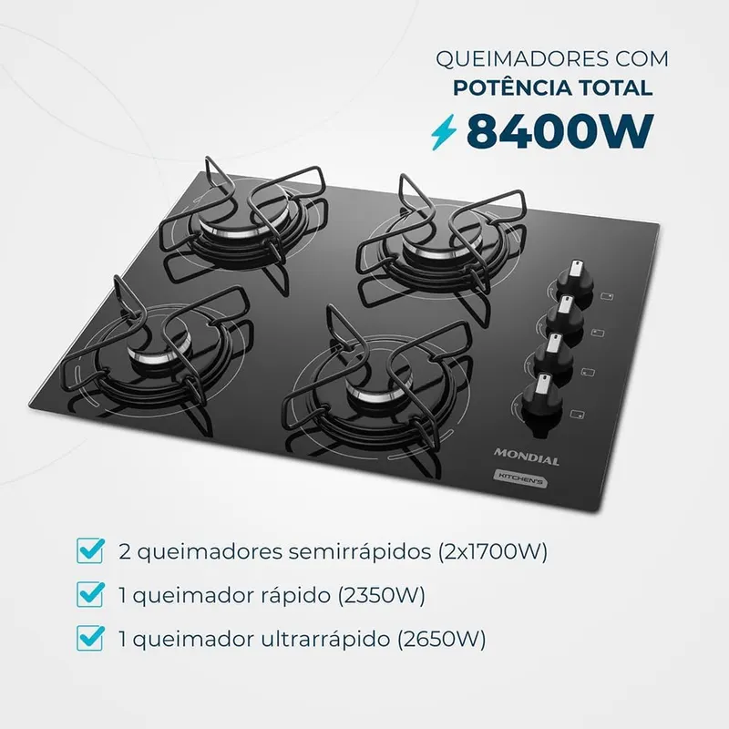 Cooktop a Gás Mondial CTG-01 4 Bocas Mesa de Vidro Temperado Acendimento Automático Bivolt
