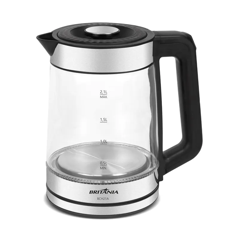 Chaleira Elétrica Britânia BCH21A 2,1L Jarra de Vidro com Luz LED Preto/Inox